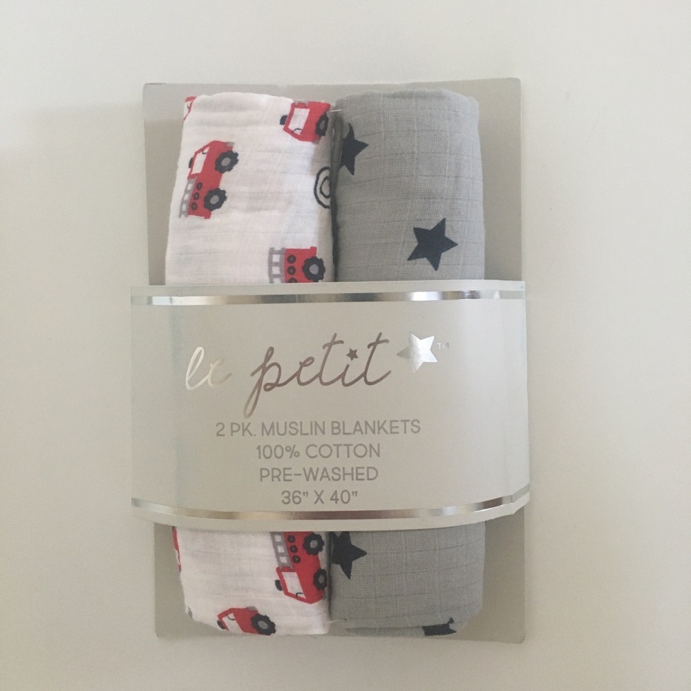 NEW LePetit 2 Cotton Muslin Baby Blankets Red Fire Engine Theme Gray & Stars